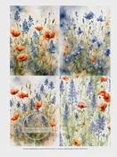 A4 Bluebonnets and Poppies Quad Decoupage Rice Paper DC412 - Sheet for Decoupage, Scrapbooking & Crafts - Floral Botanical Art Paper