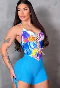 Be Fit Blue Wave with Flaming Dragon Lace Up Romper
