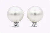 0.16 Carats Brilliant Round Diamond with Pearl Stud Earrings in White Gold