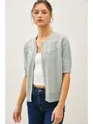 Daisy Embroidered Open Cardigan in Sage