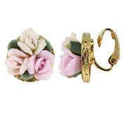 3 Flower Pink & White Porcelain Flower Round Button Clip On Earrings