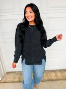 Acid Wash Ribbed Pullover Top - Black