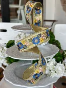 1.5" wide, metallic dupion blue pink yellow embroidery flowers, dusty blue -SOLD BY THE YARD