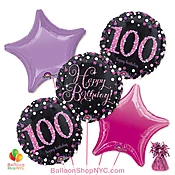 100th Pretty Pink Happy Birthday Mylar Stars Balloon Bouquet Inflated