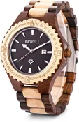 BEWELL ZS-W023A Mens Wooden Watch Quartz Movement Lightweight Handmade Calendar Analog Wrist Watch