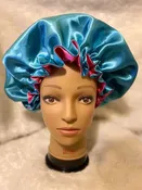 Blue Green and Hot Pink Reversible Satin Elastic Bonnet