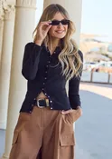 Retro Snap Button Long Sleeve Rib Top
