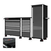 88 Series - 13 Drawers with Tall Locker - Silver Handles - Foot Casters
