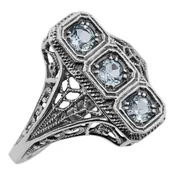 3 Stone Blue Topaz Filigree Ring - Sterling Silver