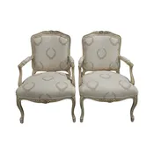 Classic Pair of French Louis XV Style Armchairs or Fauteuils with Original Off White Paint and Contrasting Neutral Fabric on Back