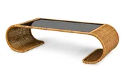 American Mid Century Smoked Glass And Wicker Waterfall Edged Cocktail Table