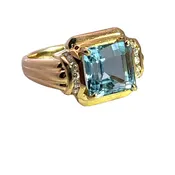 Art Deco 18KY gold, aquamarine and diamond ring