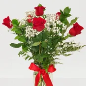 6 red roses in a vase
