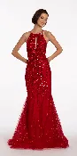 Beaded Mesh Keyhole Halter Trumpet Dress with Godets