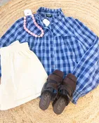 Hard Look Plaid Ruffled High Collar Button Down Top - Blue/Navy