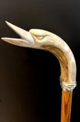 Carved Antler Goose-Head Oak Cane By Wendy Yothers