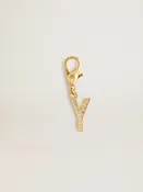 Charm aus goldfarbenem Messing in Form des Buchstabens Y mit Glassteinchen