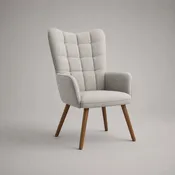 Fauteuil à dossier haut capitonné en tissu écru et bois marron, 71 × 78 × 102 cm