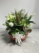 14" TERRA COTTA SAUCER WITH FLOWERS AND ANGEL