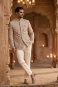 Champagne Majesty | Ivory Embroidered Jodhpuri Set | Palkhi Fashion