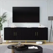 70 Grooved TV Stand Cabinet, Modern TV Stand Entertainment Center with Grooved Doors and Adjustable Shelves, White/Black