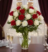 2 Dozen Red and White Rose Vase