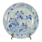 19th Century Blue and White Porcelain Plate Depicting a Rooster and Hen