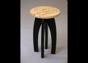 Pecky Maple with Ebonized Ash base Round Bow Leg Table