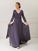 3/4-Sleeve Chiffon A-Line Dress with Lace Overlay