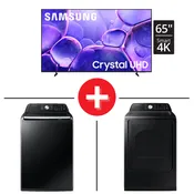 Samsung 65" U8000F Crystal UHD 4K Smart Tizen TV + 4.7 cu. ft. Washer and 7.4 cu. ft. Electric Dryer in Brushed Black