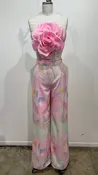 2pc set- flower applique strapless top & high waist pant