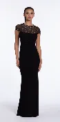 Beaded Illusion Cap Sleeve Jersey Column Dress