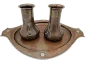 A. E. Jones Copper & Silver Pair of Vases and Tray in Arts & Crafts Style