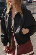 Erin Long Sleeve Zip Up Textured Faux Leather Bomber Jacket Black