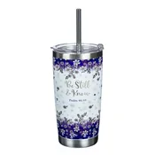 Be Still & Know Stainless Steel Travel Floral Mug with Stainless Steel Straw - Psalm 46:10