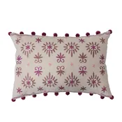 20" x 14" Cotton Linen Lumbar Pillow with Embroidery & Pom Poms
