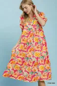 Floral Print Puff Sleeve Tiered Midi Dress