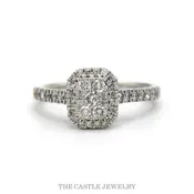 0.50ctw Cushion-Shape Diamond Cluster Ring with Halo and Pavé Band in 10k White Gold