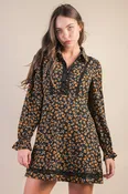 Floral Printed Lace Trim Collared Mini Dress