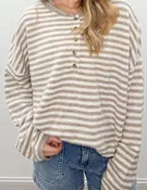 Be Mine Button Henley Stripe LS Sweater in Mocha