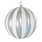 100MM Plastic Iridescent &amp; Glittered Clear White Stripe Ball Ornament