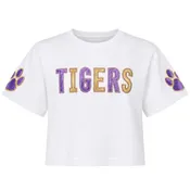 Azarhia Gameday Tigers Shimmer Kids Boxy Applique T-Shirt - White