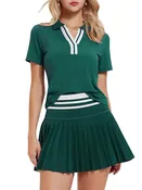 VITALINOVO Women 2 Pieces Athletic Skirt Set Outfits V Neck Polo Shirts High Waisted Pleated Tennis Skirts Golf Pickball Dress