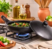 Black Clay Sauté' Pan With Lid 10" — Trunc | Artisan Made-Eco-Friendly-Sustainable-Social Good
