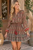 Boho Paisley Print Tiered Dress - Brick