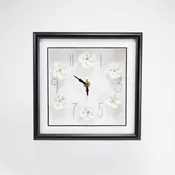 10x10 Clock With White Flowers and Short Hands in a Black Frame