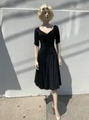 1950's Black Silk Jersey and Silk Taffeta Ruched Dress size 6