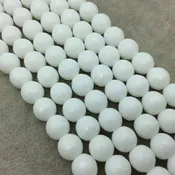 10mm Faceted Opaque White Agate Round/Ball Shaped Beads - 15" Strand (Approximately 38 Beads) - Natural Semi-Precious Gemstone