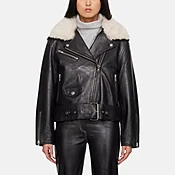 Black Biker Leather Jacket Women With Fur Collar