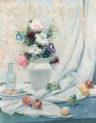 “Floral Still Life with Fruit ” Oil on Canvas by Andre Gisson (1921 – 2003)  SOLD